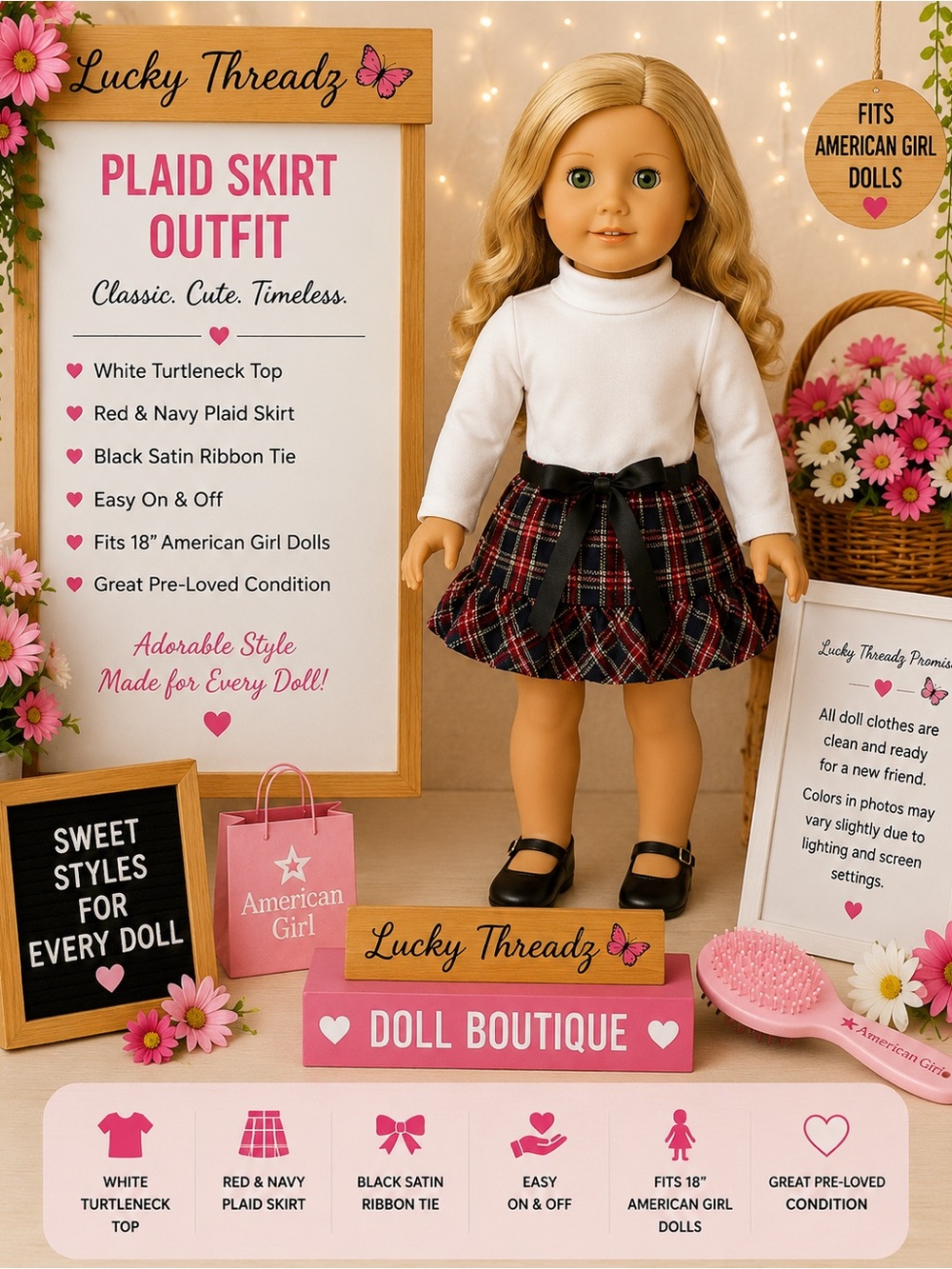 American girl  Red & Navy Plaid Skirt Outfit with White Turtleneck